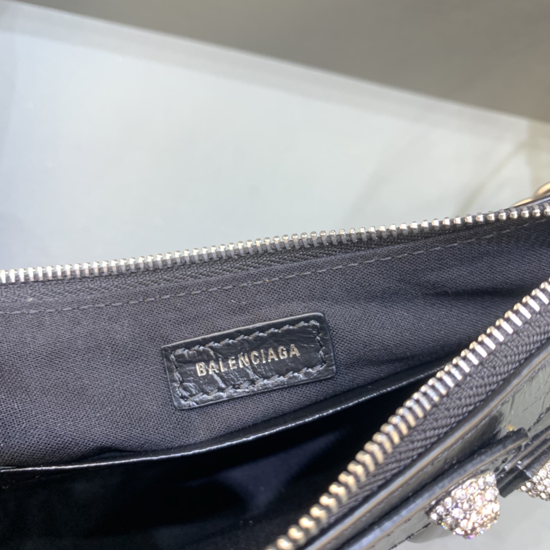 Balenciaga Le Cagole Mini Bag With Chain Crocodile Embossed Rhinestones Shoulder Bag Black 